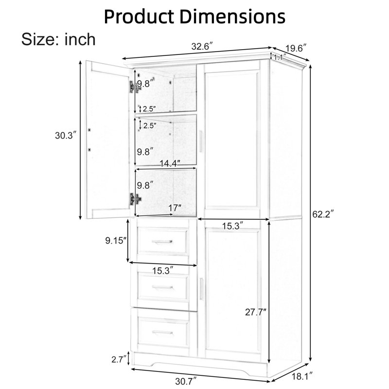 Armoire de rangement haute et large avec portes - Trois tiroirs, gris, pour salle de bain et bureau - Mobilier de rangement de bureau pour salle de bain