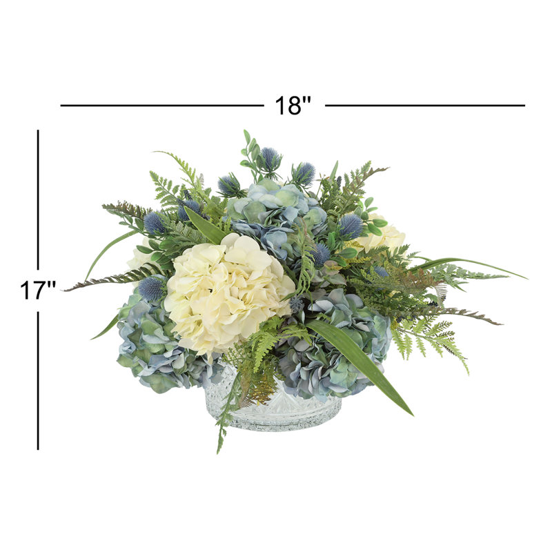 Betsy Miller Hydrangea Floral Arrangement in Glass Vase, Blue/Green