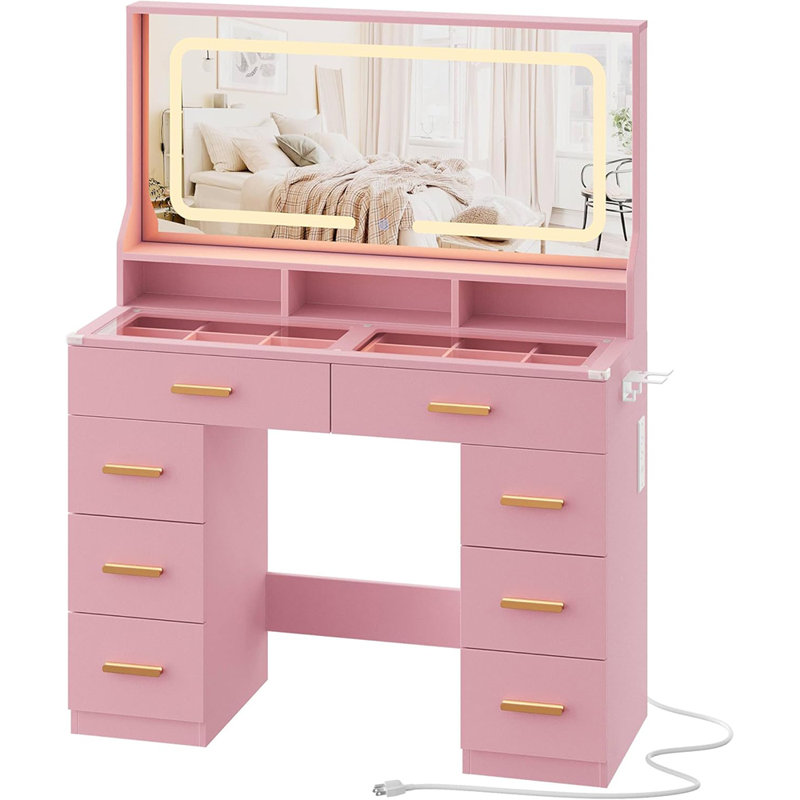 Meuble-lavabo avec miroir DEL de 42 po, 8 tiroirs et 3 tablettes, table de maquillage avec prises de courant et support pour sèche-cheveux