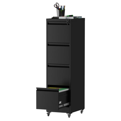 Heavy - Duty 4 Drawer Lockable Vertical File Cabinet On Wheels, Black Full Extension Drawers, Steel Bearing Suspension Metal Locking Tilt System, Adjustable Hanging Bar For Files