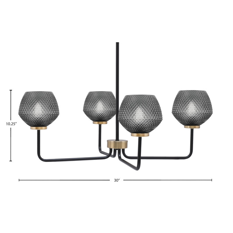 Lustre 4 lumières Amarmula, noir mat et laiton vieilli, verre texturé fumé 6 po, Transparent/noir, Noir/laiton