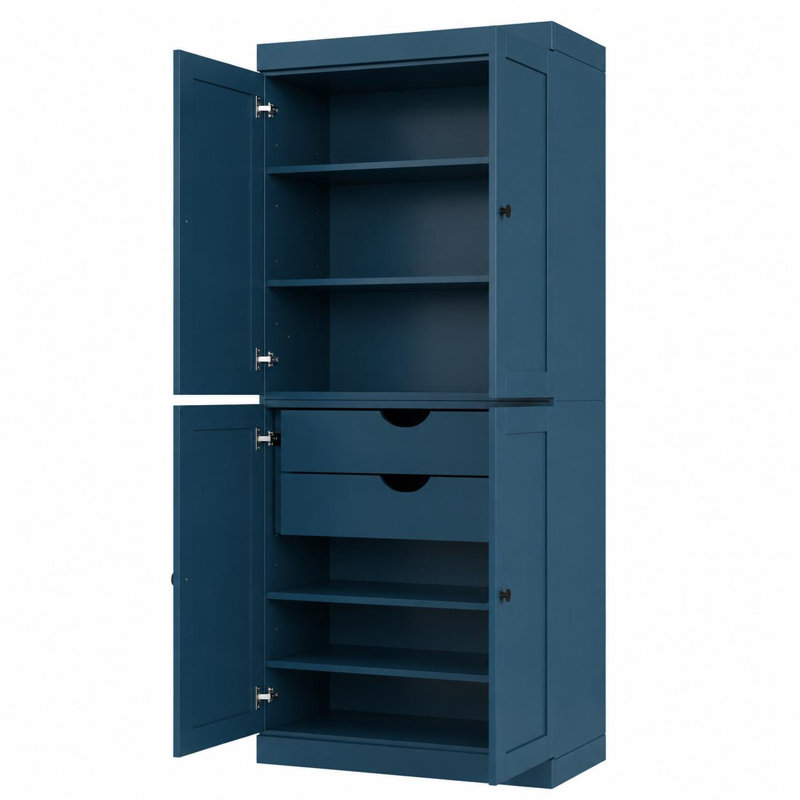 72" Teal Blue Solid Wood Four Door Two Drawer Pantry Or Storage Closet