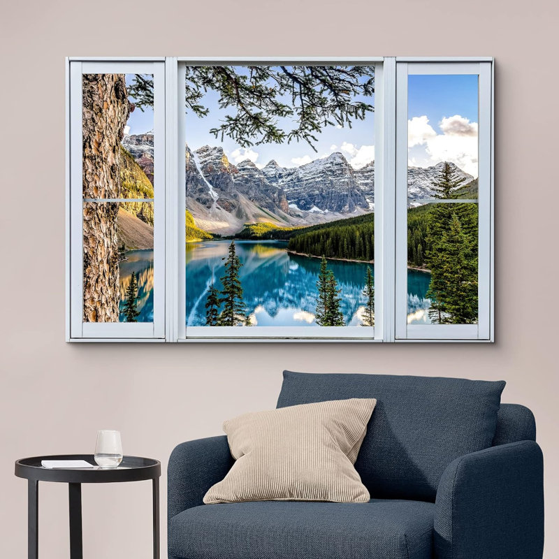 Fenêtre, paysage, «Vue de la fenêtre, chaîne de montagnes enneigées, lac, images naturelles de la nature, paysage» sur