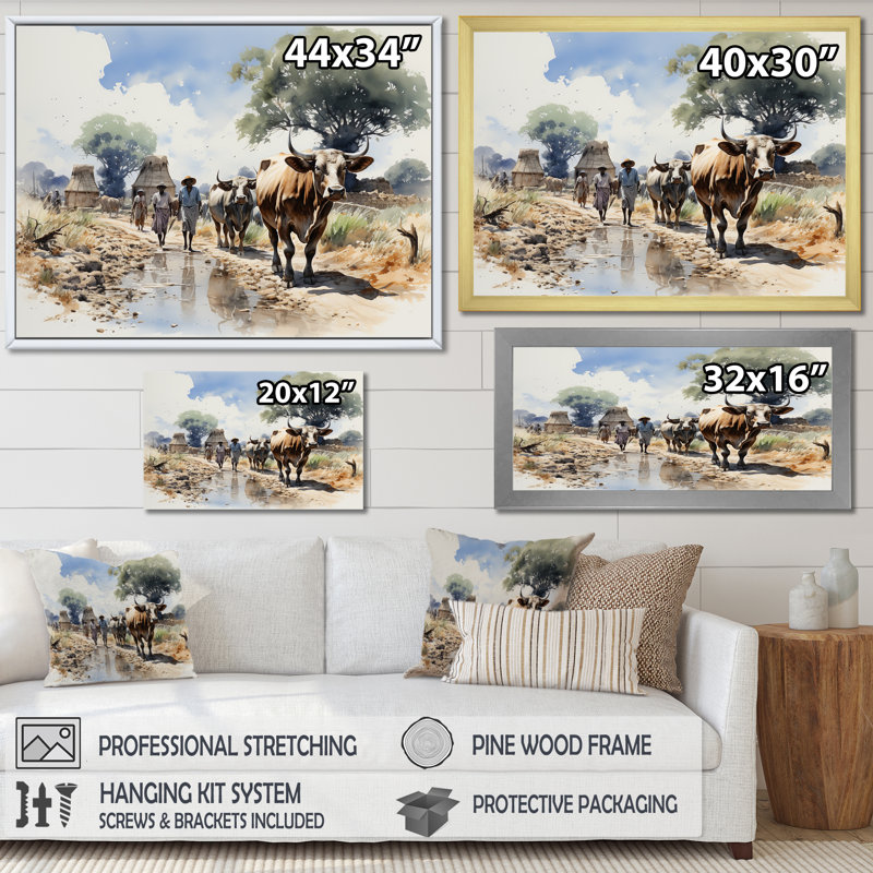 Afrique, camp de bovins Dinka III - art mural tribal africain, Cadre de coin argenté fermé, H 12 po x l 20 po x P 1 po