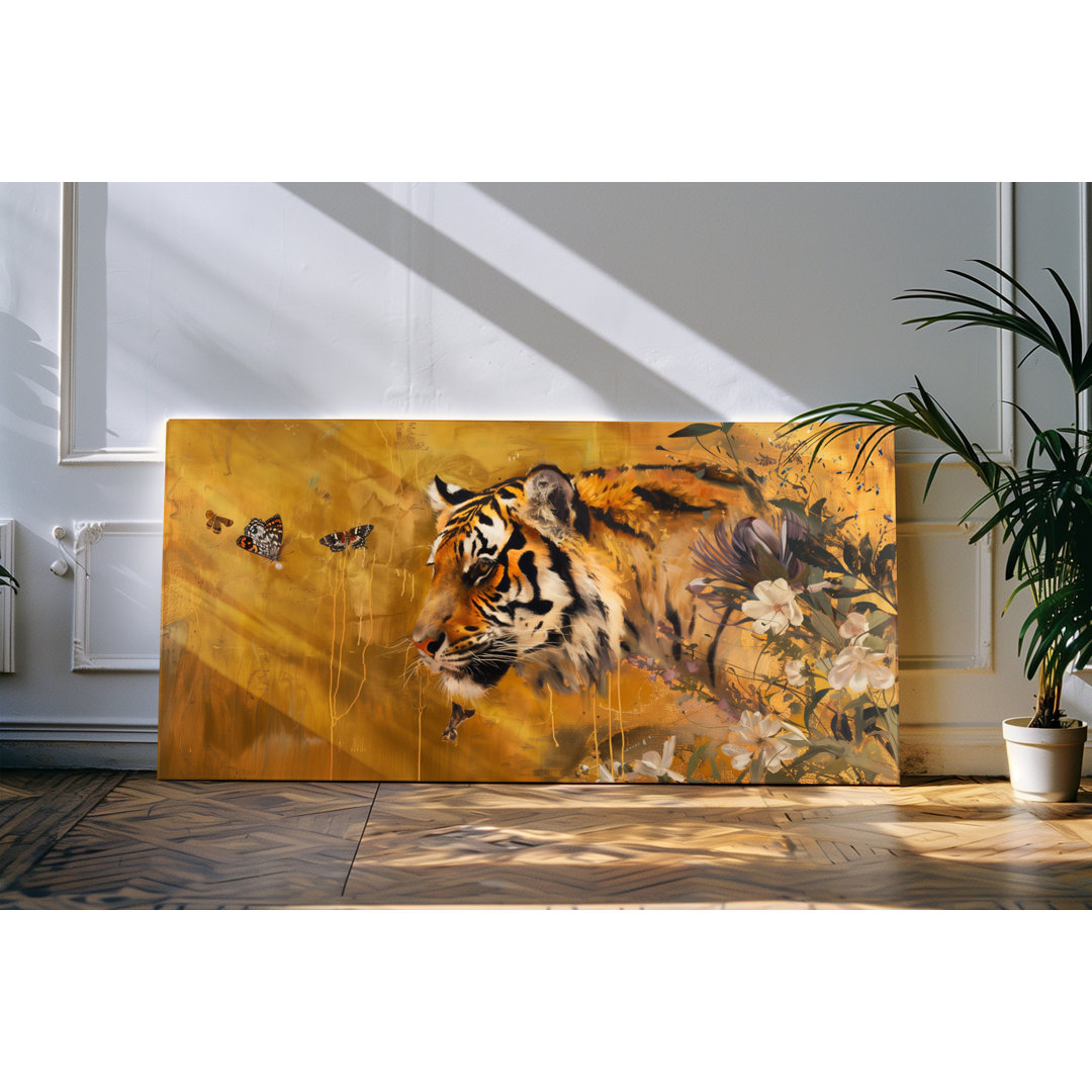 Wandbild 120x60cm Afrika Tiger Blumen Schmetterlingen Kunstwerk