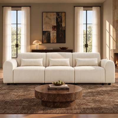 Canapé modulaire rembourré 3 places en chenille beige moderne, accoudoir rond, canapé modulaire pour le salon, assemblage sans outil