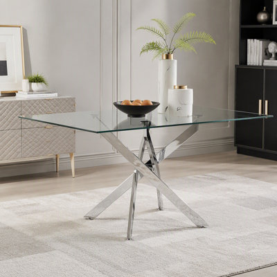 Table rectangulaire moderne en verre, 59,06 pouces de verre trempé avec un cadre argenté. Ensemble de table de cuisine pour salle à manger, table de fête, table de conférence, salon, bureau, café, cuisine à domicile, chambre à coucher