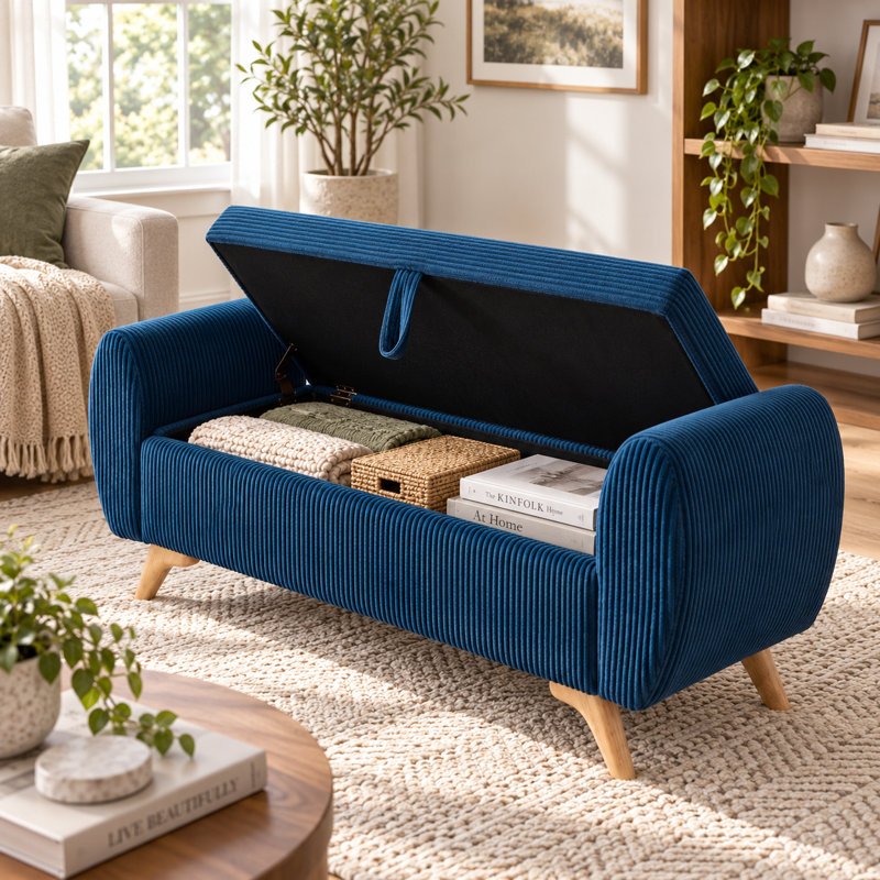 Banc de rangement Pocono en velours côtelé avec pattes en bois et siège rabattable, Blue