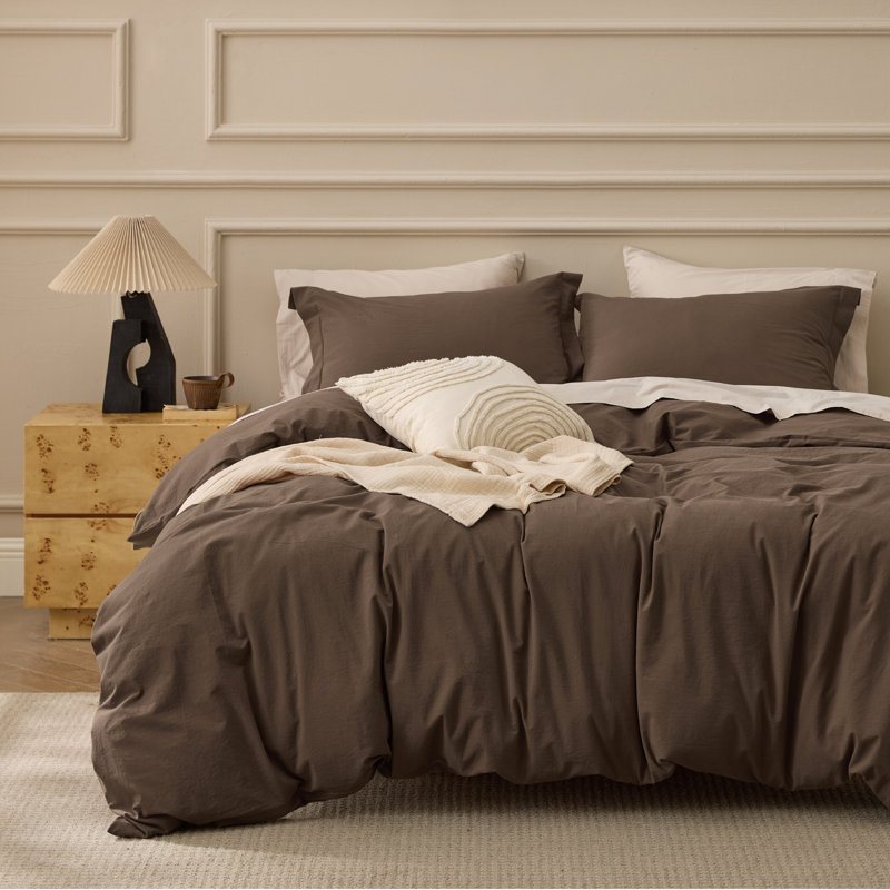 Bedsure 100% Washed Cotton Duvet Cover Queen Set - Minimalist Cotton Beding Set For All Season（set of 3）, Brown