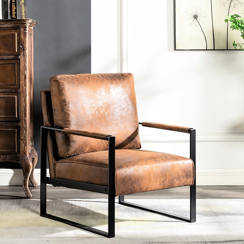 Fauteuil en microfibre, structure carrée en métal, coussin épais, fauteuil classique brun pour chambre à coucher brun, structure, revêtement, bureau à domicile