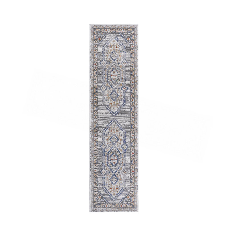 Collection 2X8 Blue/Cream/Bordered Non-Shedding Living Room Bedroom Dining Home Office Stylish And Stain Resistant Area Rug