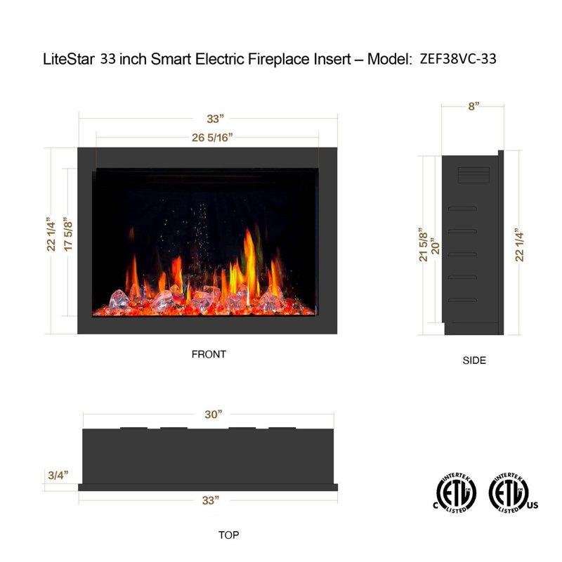 Litestar 32-inch Smart Electric Fireplace Insert with breathing logs, black rock & crushed ice rocks (Model: ZEF32X)