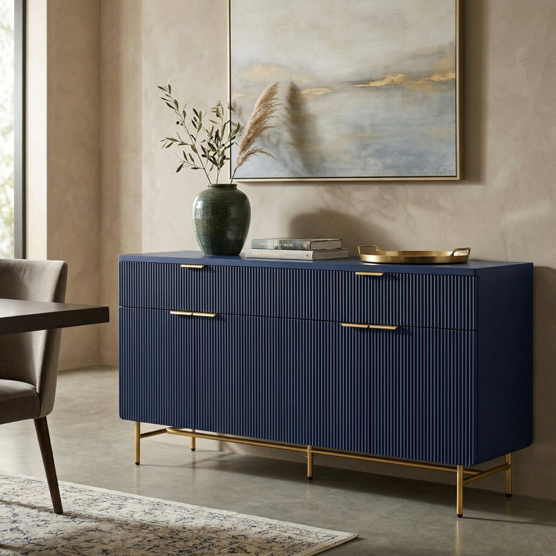 Buffet 69 po avec 2 tiroirs et 4 portes, charnières à fermeture en douceur, armoire de rangement moderne, Or / Bleu