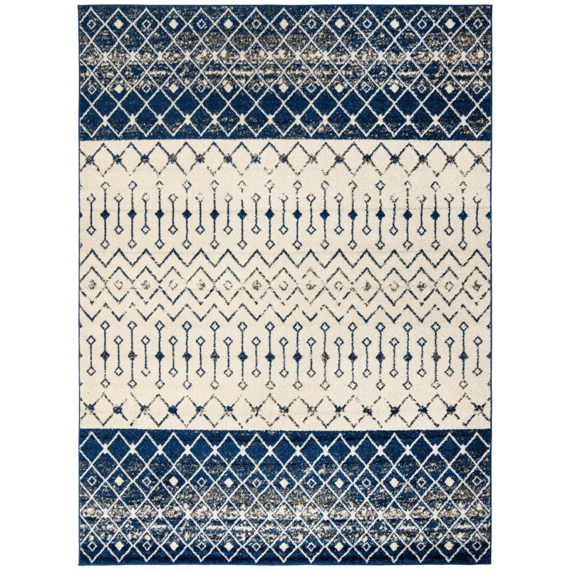 Tapis abstrait en polypropylène tissé à la machine Bradley-Joe en ivoire / bleu marine, Rectangle 9 pi x 12 pi