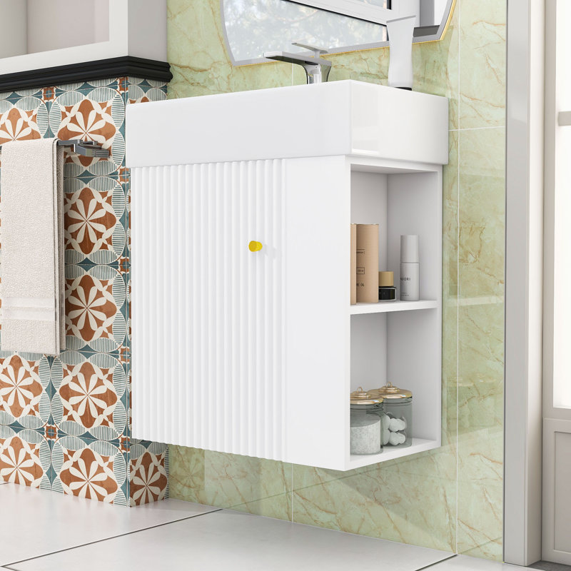 Meuble-lavabo flottant moderne avec lavabo en céramique, porte à motif de vagues et tablettes de rangement Maurice, Blanc