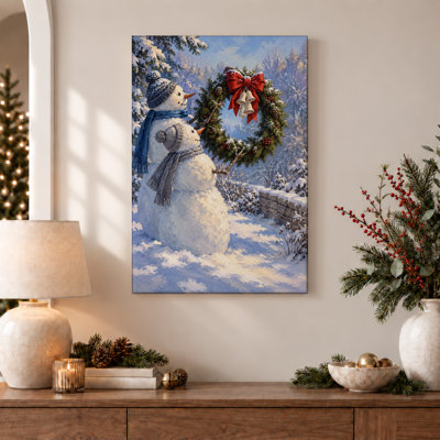 «Two Snowmen with Wreath and Red Bow Christmas», art mural sur toile