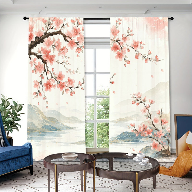 Rideau filtrant la lumière à motif de fleurs de cerisier, 2 pièces, aquarelle, W52inch*H84inch×2PCS