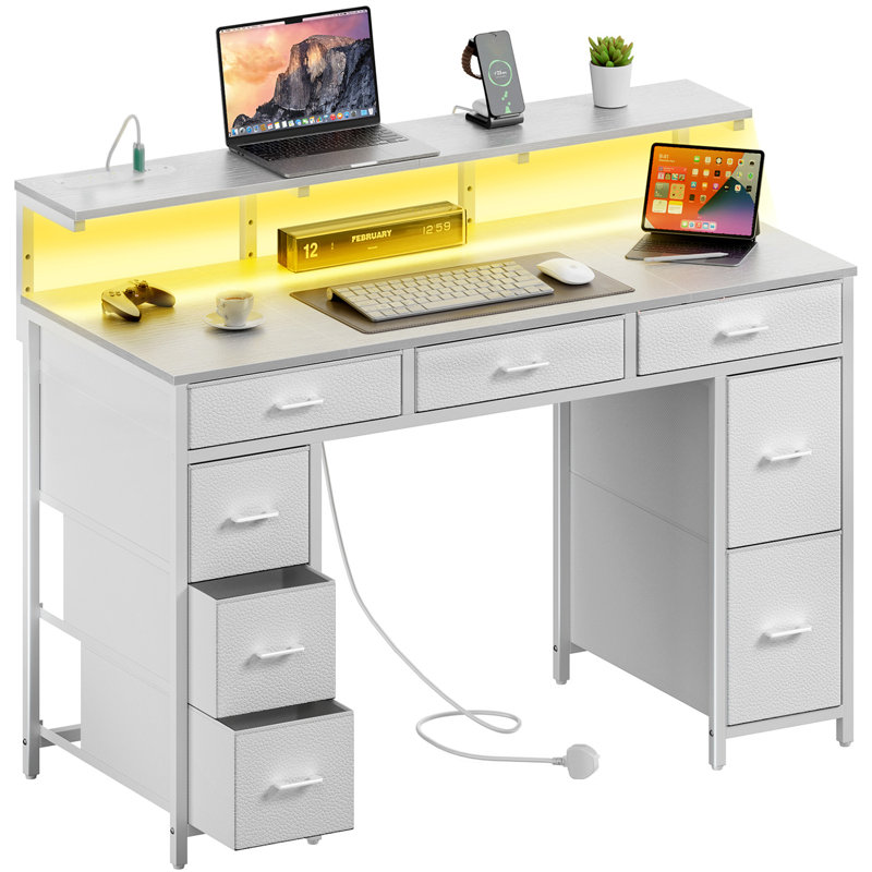 Steel Computer Desk with Built-In Electrical Outlet, White/White