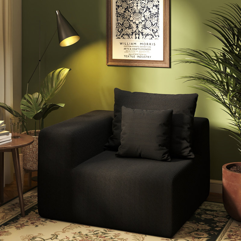Canapé modulaire simple sans dossier 39 po Cloud, fauteuil de coin en velours côtelé avec accoudoir droit (noir)