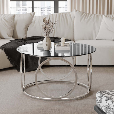 Table basse 31,5 "moderne avec plateau rond en verre avec cadre circulaire en métal pour le salon, le bureau et le salon
