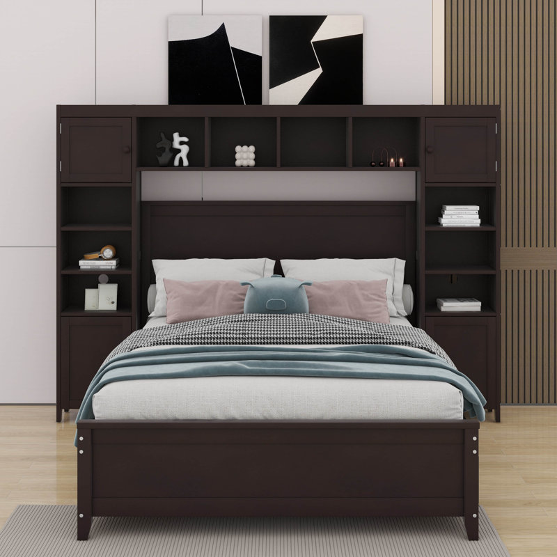 Lit double en bois avec tablette et armoire