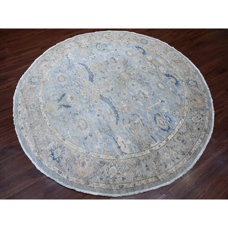 8'x8' Blue Peshawar Heris All Over Design Hand Knotted All Wool Round Rug 455855D97D2542E58AC5D111CEAD541F
