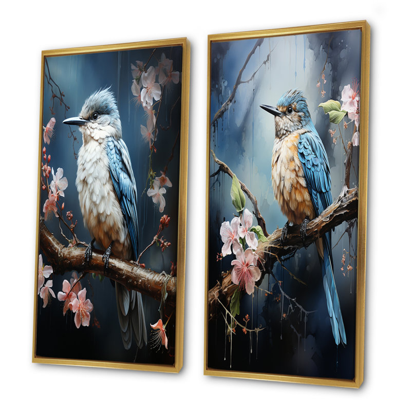 «Blue Bird Murmurs In Moonlight IV», ensemble de 2 reproductions d'art sur toile, Cadre flottant doré, H 32 po x l 33 po