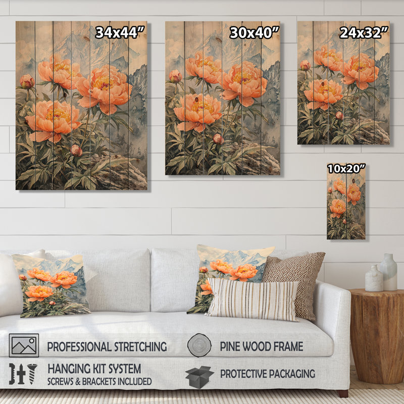 Peonies And The Mountain Peak III - Peonies Wood Wall Decor - On Natural Pine Wood, 44" H x 34" W x 0.78" D