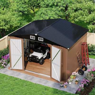 10x8 Ft Brown Outdoor Metal Garden Utility Shed Galvanized Steel Construction Lockable Door Built In Vents Sloped Roof For Backyard Patio And Tool Storage