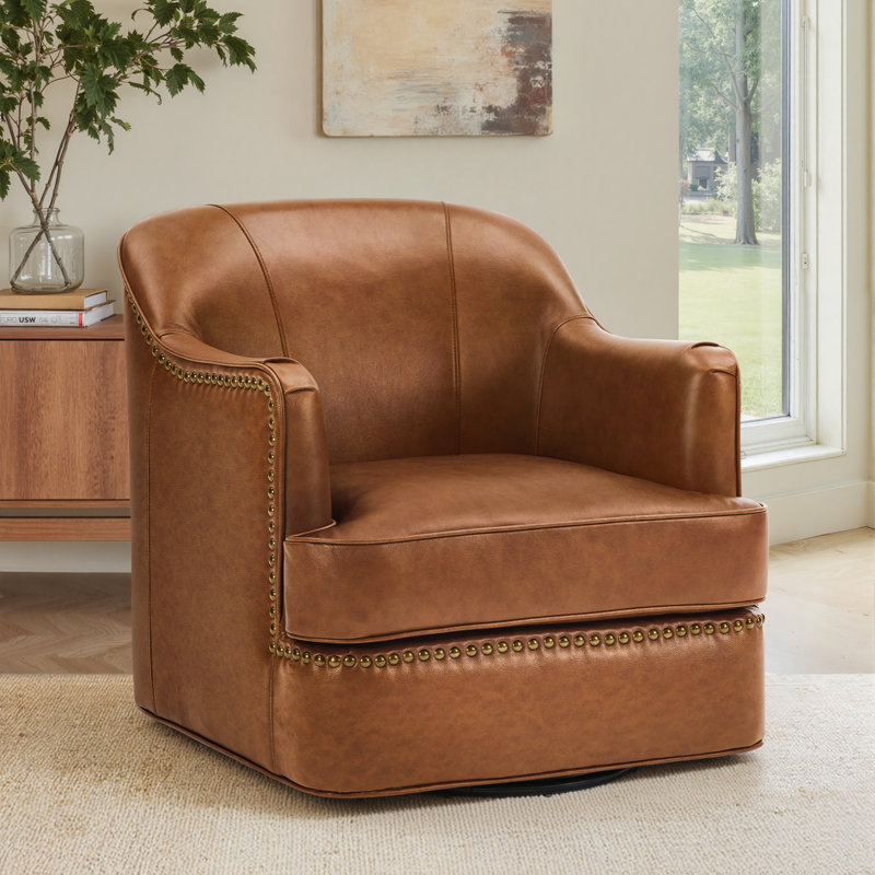 Fauteuil demi-tonneau pivotant en cuir véritable Fazio, Cognac
