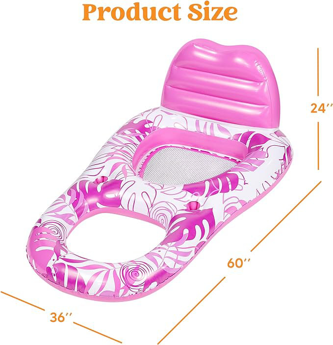 Inflatable Pool Floats Lounger with Cup Holders Foot Rest, Pink/White