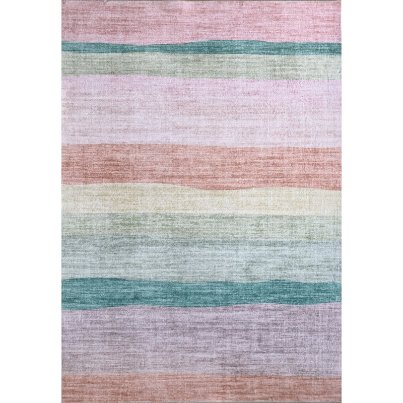 Tapis à rayures rose / vert pour enfants 7 pi x 10 pi (6 pi 7 po x 9 pi 6 po) Branch Branch Haze, tapis moderne, à poils moyens et résistant aux taches