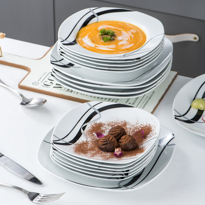 Fiona 18 Pieces Porcelain Square Black and White Dinnerware Sets, Service for 6