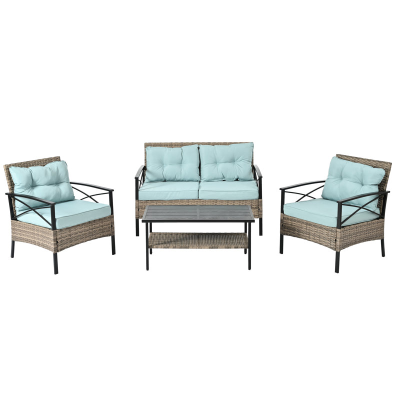 Mobilier de patio saisonnier: 4 pe avec table d'extérieur en métal noir: 4 et coussins