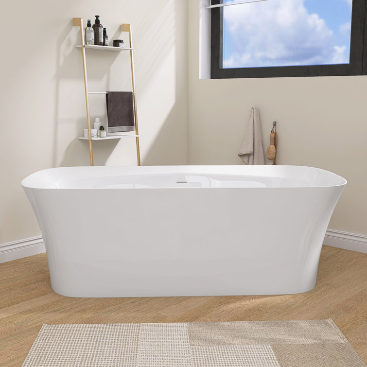 Acrylic White Bathtub 67'' x 30.7'' Freestanding Slipper Soaking Rectangular Tub with Overflow Center Drain