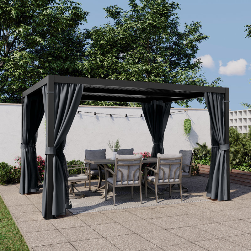 Aluminum Louvered Pergola with Adjustable Roof and Curtains, Black, 13 Ft. W x 10 Ft. D