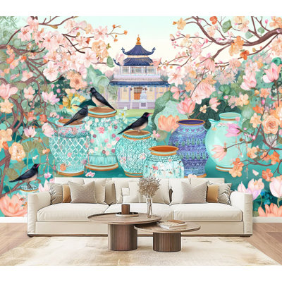 Papier peint adhésif peler et coller aquarelle scène de jardin fleurs de lilas pêche heure dorée H 69 po x l 96 po pour chambre de bébé Bureau à domicile