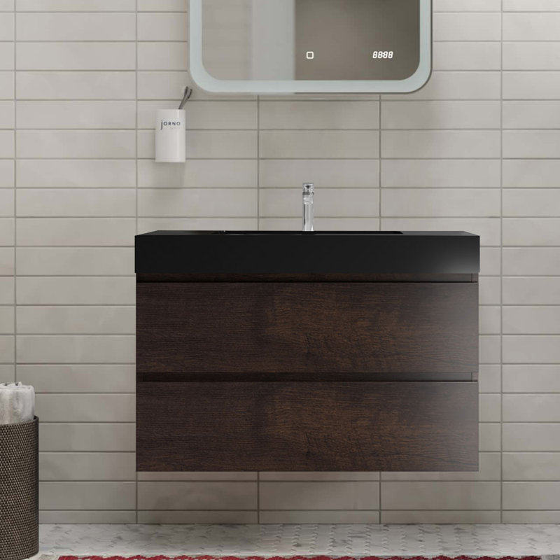 Meuble-lavabo mural simple 35,8 po avec plateau en résine, Noyer