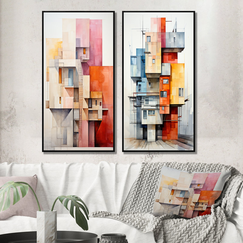 «Constructivism Construit Horizons I», 2 pièces sur toile, H 40 po x l 40 po, Cadre noir