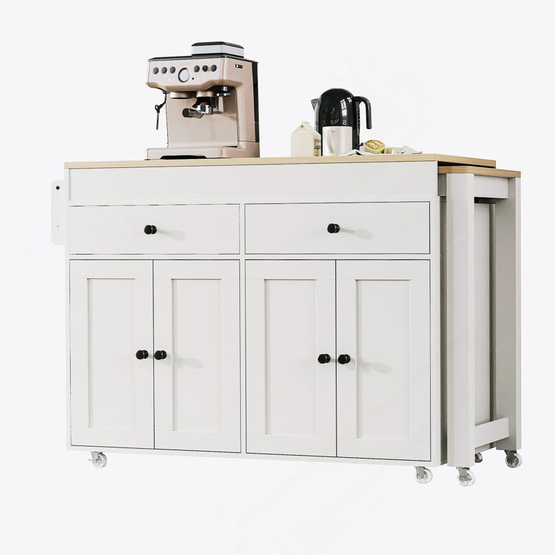 74.5 Inch Extendable Dining Table Kitchen Island With Wheels, Spice Rack, 2 Drawers, And 4 Door Cabinet For Versatile Storage And Functionality