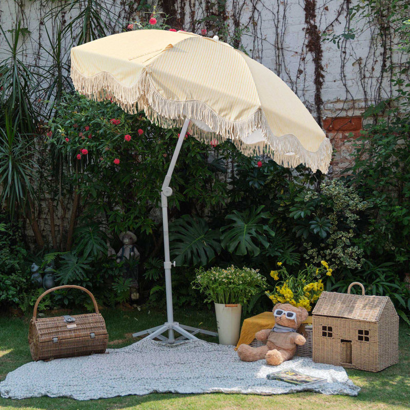 Parasol de patio à franges 6 pi avec bouton-poussoir inclinable UV30 + rayure de terrasse pour l'extérieur, Jaune