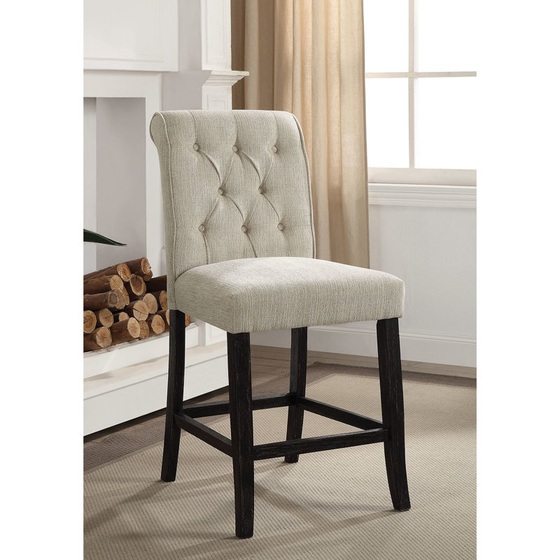 Chaise de salle à manger rustique de 2 pièces, tissu chenille beige avec dossier à volutes et pieds noirs antiques pour le style de pièce