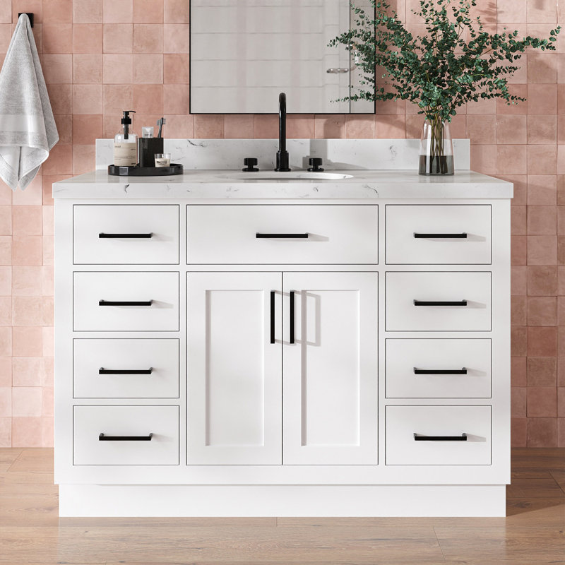 Ensemble de meuble-lavabo simple en bois massif 48 po avec lavabo en quartz Carrara de 1,5 po Tidworth, Blanc, Ovale