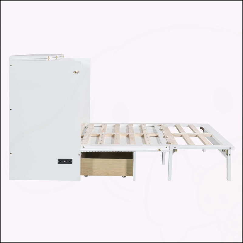 Lit escamotable double avec tiroir et ensemble de prises et ports USB, Blanc