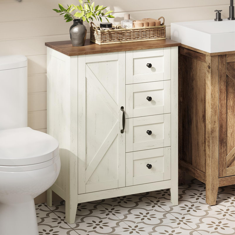 23.6" Farmhouse Bathroom Floor Cabinet With 4 Drawers - Rustic White Storage Organizer With Barn Door - Adjustable Shelf Freestanding Cabinet