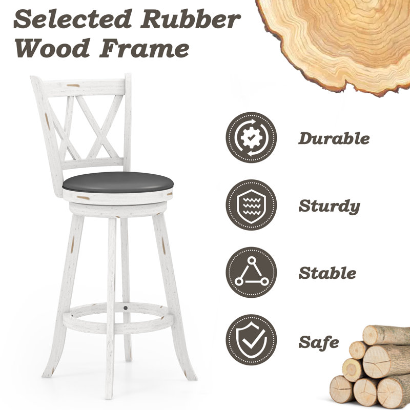 White and Gray Wood Swivel Bar Stools with Upholstered Seat