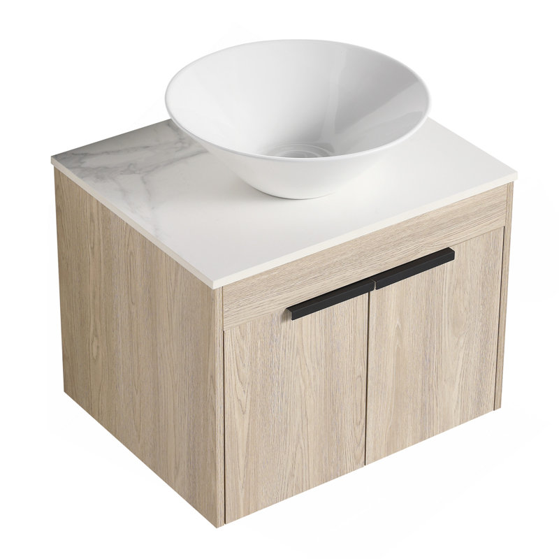 Ensemble de meuble-lavabo moderne 24 po avec lavabo en céramique, meuble-lavabo mural en chêne blanc avec porte à fermeture douce