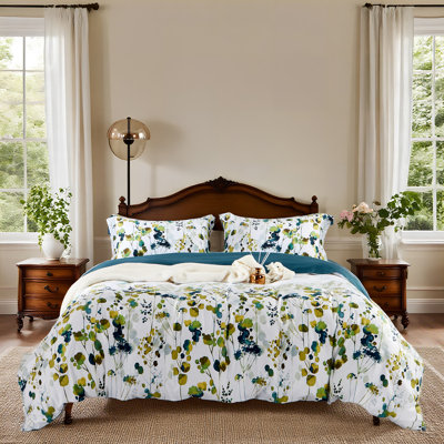 Ensemble de housse de couette à motif floral Lunaria - 100% coton, imprimé botanique vert et bleu, literie douce et respirante, double