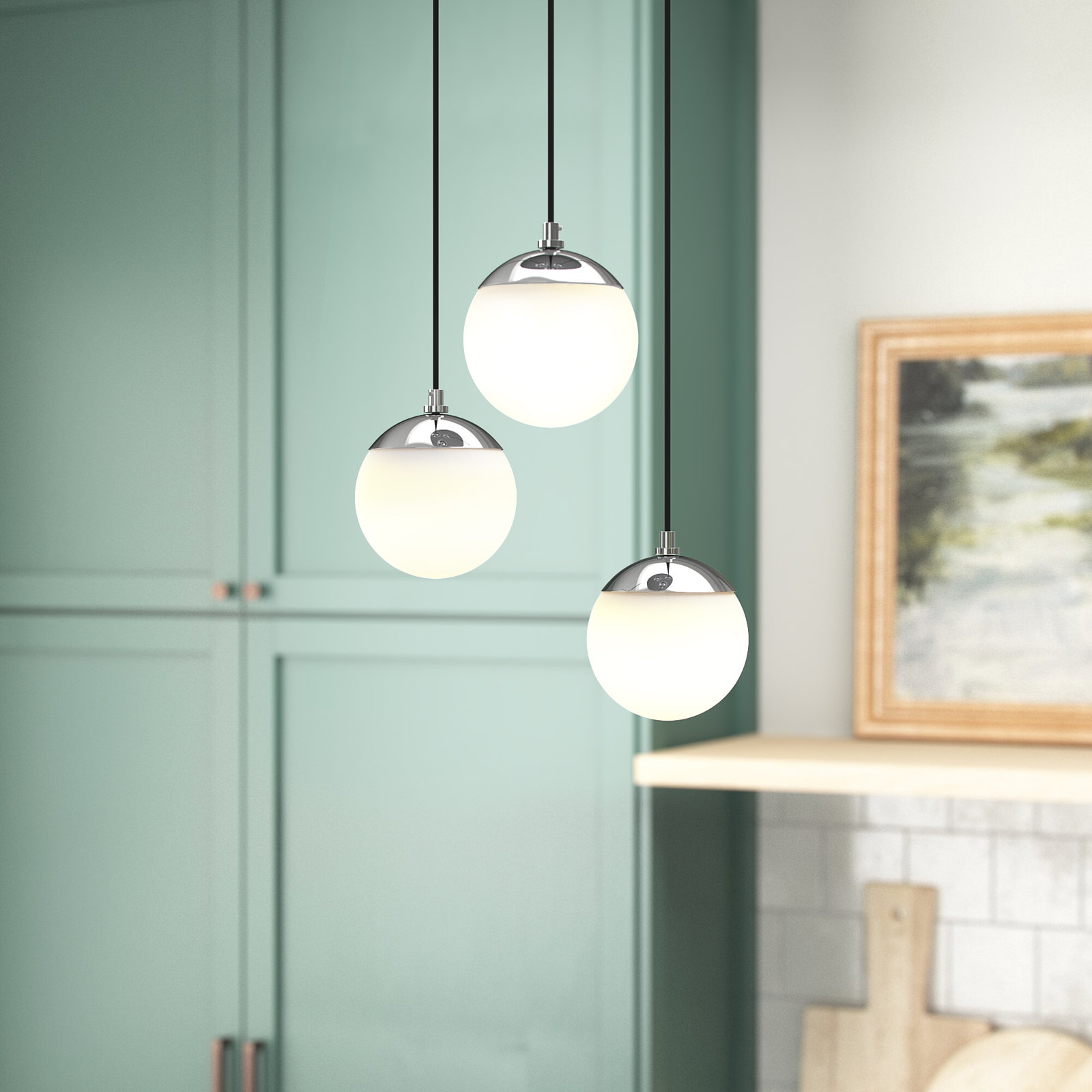 Richardson 3 Light Glass Dimmable Pendant, Chrome