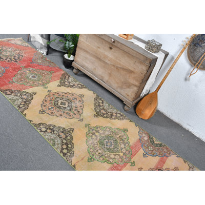 Tapis de couloir rétro en laine rouge Oushak pour la cuisine, le couloir ou les escaliers - rouge / jaune